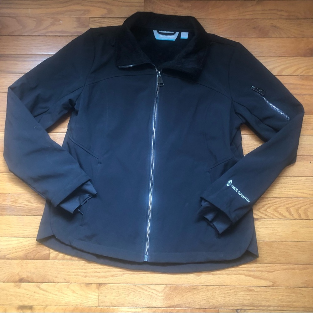 FREE COUNTRY Jacket Womens Black Sz L Soft Shell FauxFurLined Coat H2O Resistant